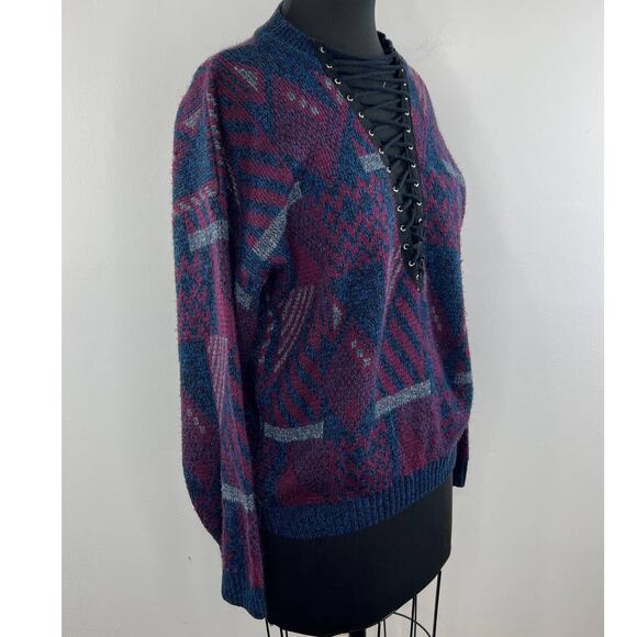 Furst of a Kind Purple Blue Abstract Geo Lace-Up Sweater Long Sleeve Top L XL - Picture 2 of 7